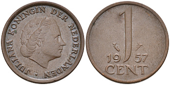 Нидерланды 1 цент 1957 Юлиана (1948-1980) КМ 180 бронза    4174-551