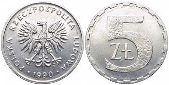 ПОЛЬША 5 ЗЛОТЫХ 1990 MW KM 81.3 алюминий UNC 105-1244