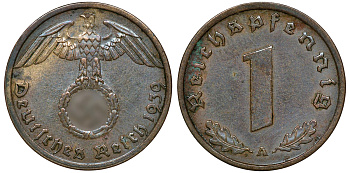 ГЕРМАНИЯ 1 РЕЙХСПФЕННИГ 1939 A J 361, KM 89 бронза 72-1634