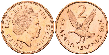 Фолклендские острова 2 пенса 2004 Елизавета II (1952-2022), магелланов гусь KM 131 сталь плакированная медью aUNC 87-123