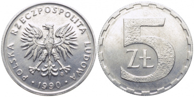 ПОЛЬША 5 ЗЛОТЫХ 1990 MW KM 81.3 алюминий UNC 105-1244