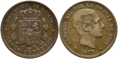 ИСПАНИЯ 5 СЕНТИМО 1877 OM, АЛЬФОНСО XII KM 674 бронза 4391-132