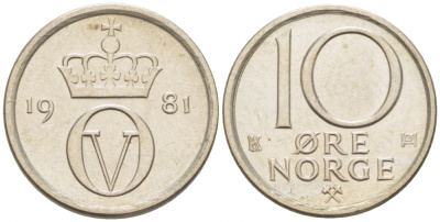Норвегия 10 эре 1981 Улаф V (1958-1991) KM 416 медно-никель 3955-251