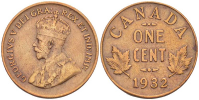 Канада 1 цент 1932 Георг V (1910-1936) KM 28 бронза 206-238