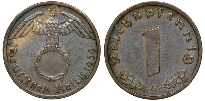 ГЕРМАНИЯ 1 РЕЙХСПФЕННИГ 1939 A J 361, KM 89 бронза 72-1634