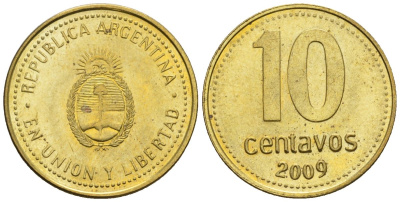 Аргентина 10 сентаво 2009 KM 107a, CJ 3, Schon 110a сталь плакированная латунью 4609-1258