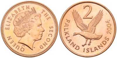 Фолклендские острова 2 пенса 2004 Елизавета II (1952-2022), магелланов гусь KM 131 сталь плакированная медью aUNC 87-123