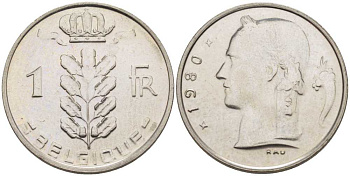 БЕЛЬГИЯ 1 ФРАНК 1980 BELGIQUE, БОДУЭН I (1951-1993) KM 142.1 медно-никель UNC 213-543