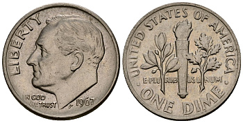США 10 центов (дайм) 1967 Рузвельт KM 195a медь плакированная медно-никелем 4164-938