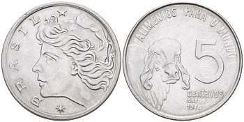 БРАЗИЛИЯ 5 СЕНТАВО 1976 FAO, РЕФОРМА (1967-1985), КОРОВА ЗЕБУ KM 587.1 нержавеющая сталь 4514-426