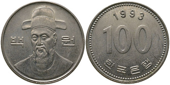 Южная Корея 100 вон 1993 Ли-Сунсин, корейский флотоводец KM 35.2 медно-никель 4187-921