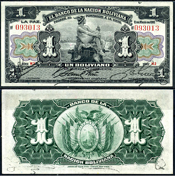 Боливия 1 боливано 1911 серия W2 красная, Меркурий Pick 102 b (2)  бумага   451-264-1