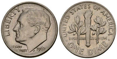 США 10 центов (дайм) 1967 Рузвельт KM 195a медь плакированная медно-никелем 4164-938