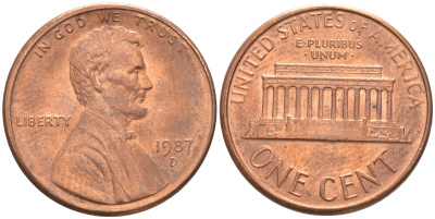 США 1 цент 1987 D, Линкольн KM 201b цинк плакированный медью UNC 187-715
