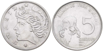 БРАЗИЛИЯ 5 СЕНТАВО 1976 FAO, РЕФОРМА (1967-1985), КОРОВА ЗЕБУ KM 587.1 нержавеющая сталь 4514-426