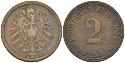 ГЕРМАНИЯ 2 ПФЕННИГА 1877 A, СТАРОГЕРБОВКА KM 2, J. 2, Weege 3 медь 212-724