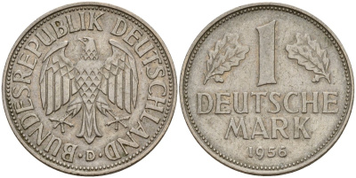 ФРГ 1 марка 1956 D KM 110, J. 385 медно-никель 4159-1032