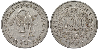Западно-Африканские штаты 100 франков 1967 КМ 4 медно-никель 25-1842