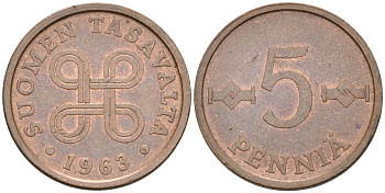 ФИНЛЯНДИЯ 5 ПЕННИ 1963 KM 45 медь 192-1268
