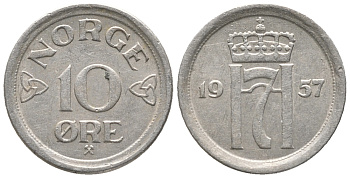 НОРВЕГИЯ 10 ЭРЕ 1957 ХОКОН VII (1905-1957) KM 396 медно-никель 100-1214