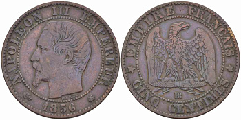 Франция 5 сантимов 1856 BB, Наполеон III (1852-1870) KM 777.3, LE FRANC 116.32 бронза 108-356
