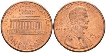 США 1 цент 1994 Линкольн KM 201b цинк плакированный медью 187-343
