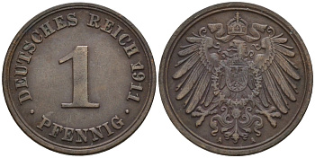 Германия 1 пфенниг 1911 A KM 10, J. 10 медь 4147-1126