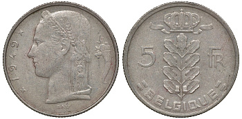 Бельгия 5 франков 1949 Леопольд III (1934-1950), Belgique KM 134.1 медно-никель 4163-522