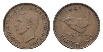 Великобритания 1 фартинг 1941 Георг VI (1936-1952) KM 843, Spink 4116 бронза 4664-334