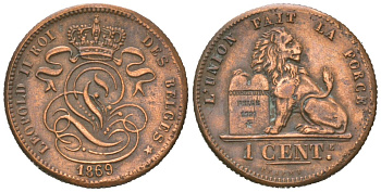 Бельгия 1 сантим 1869 Леопольд II (1865-1909) KM 33.1 медь 63-651