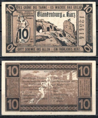 Бланкенбург-ам-Гарц (Брауншвейг) 10 пфеннигов 1920 Mehl Grabowski 114.1-3/5 бумага UNC (пресс) 7556-57-3-1