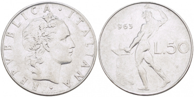 ИТАЛИЯ 50 ЛИР 1963 R КУЗНЕЦ KM 95.1 сталь 3718-425