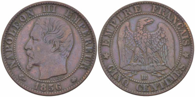 Франция 5 сантимов 1856 BB, Наполеон III (1852-1870) KM 777.3, LE FRANC 116.32 бронза 108-356