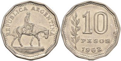 Аргентина 10 песо 1962 Гаучо KM 60 никелированная сталь 4561-837