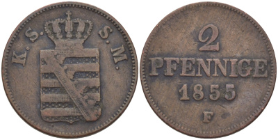 САКСОНИЯ 2 ПФЕННИГА 1855 F KM 1185 медь 100-332