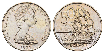 Новая Зеландия 50 центов 1977 Елизавета II (1952-2022), птичка киви KM 37 медно-никель BU 51-1313