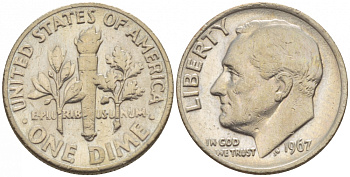 США 10 центов (дайм) 1967 Рузвельт KM 195а медь плакированная медно-никелем 4547-858