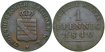 Саксен-Веймар-Эйзенах 1 пфенниг 1840 А, Карл Фридрих Саксен-Веймар-Эйзенахский (1828-1853) KM 81, Jaeger 527, AKS 31 медь    99-561