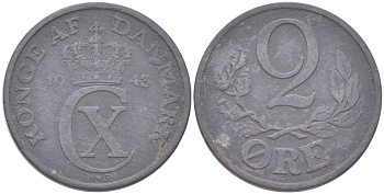 Дания 2 эре 1943 Фредерик IX (1947-1972) KM 833a цинк 4621-752