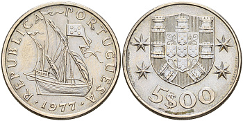 Португалия 5 эскудо 1977 парусник KM 591 медно-никель  UNC  4161-757