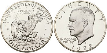 США 1 доллар 1972 S, Президент Эйзенхауэр, лунный орел KM 203a серебро  PROOF  1095-9-33