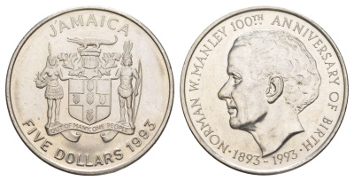 Ямайка 5 долларов 1993 100 лет со дня рождения Нормана Вашингтона Мэнли KM 157 сталь плакированная никелем UNC 4368-825