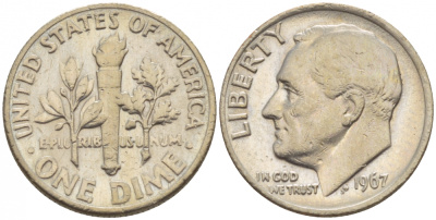 США 10 центов (дайм) 1967 Рузвельт KM 195а медь плакированная медно-никелем 4547-858