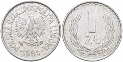 Польша 1 злотый 1985 MW, Народная Республика KM 49.1, Parchimowicz 213x алюминий 60-614
