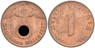 ГЕРМАНИЯ 1 РЕЙХСПФЕННИГ 1937 D J 361, KM 89 бронза aUNC 73-251