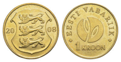 Эстония 1 крона 2008 90 лет Эстонской республике KM 44 латунь UNC 4652-934