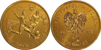 Польша 2 злотых 2002 MW, чемпионат мира по футболу в Корее и Японии 2002 года KM 433 нордик  UNC  4526-933