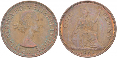 Великобритания 1 пенни 1963 Елизавета II (1952-2022) KM 897, Spink 4157 бронза 215-341