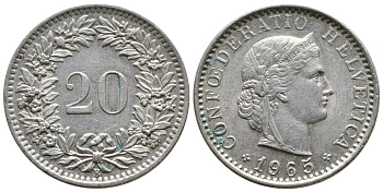 ШВЕЙЦАРИЯ 20 РАППЕНОВ 1965 В KM 29а медно-никель 26-244