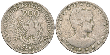 Бразилия 200 реалов 1901 MCMI, голова свободы вправо KM 504 медно-никель 4612-157